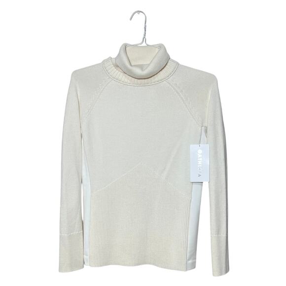 NWT Athleta Mesa Hybrid T-Neck Cream Merino Wool Blend Sweater Athleisure Size S - Picture 1 of 10